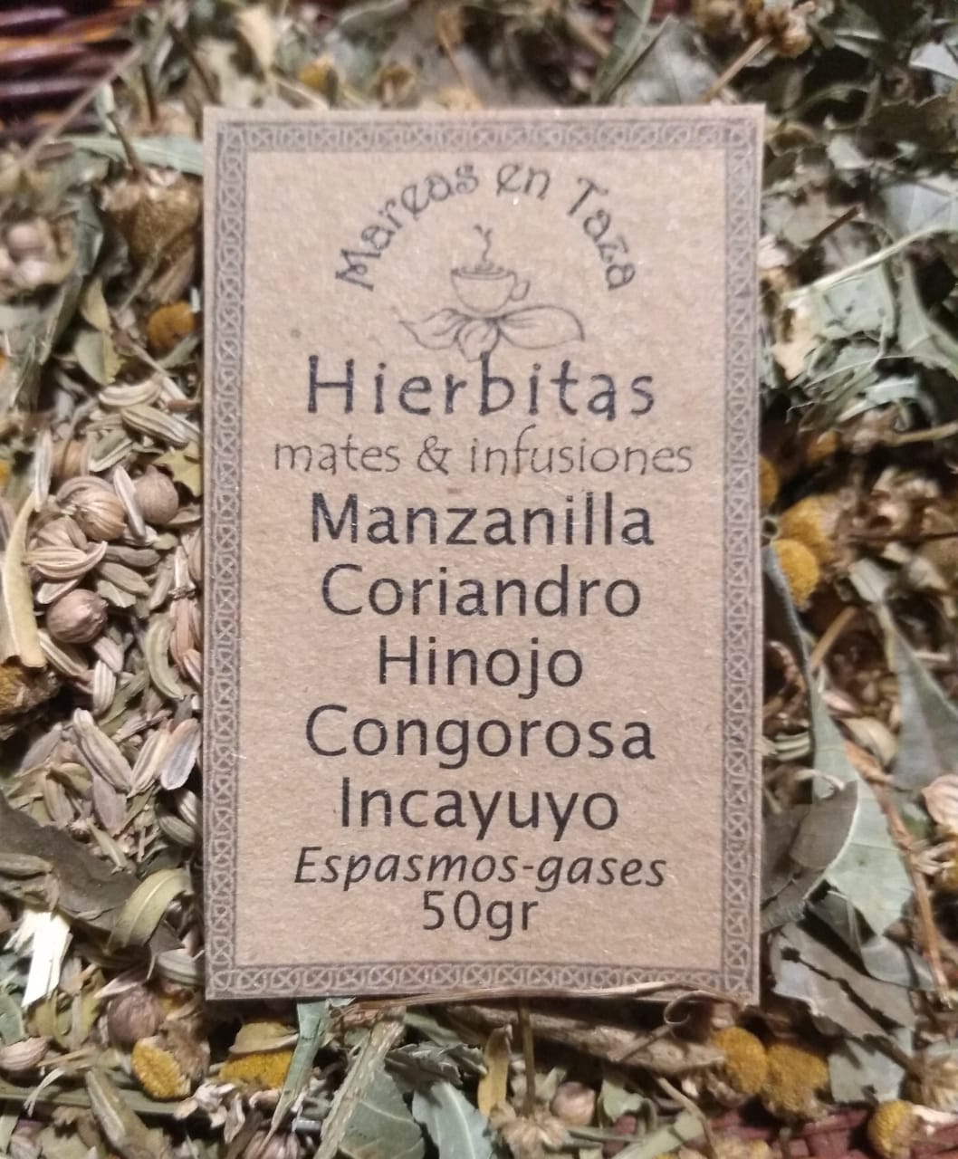Imagen ilustrativa de Hierbas:Manzanilla,Coriandro,Hinojo,Congorosa,Incayuyo 50grs "Mareas en taza"